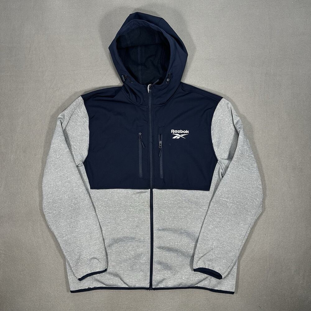 Reebok Full Zip Hooded Soft Shell Fleece Jacket Gray Navy Men’s XL